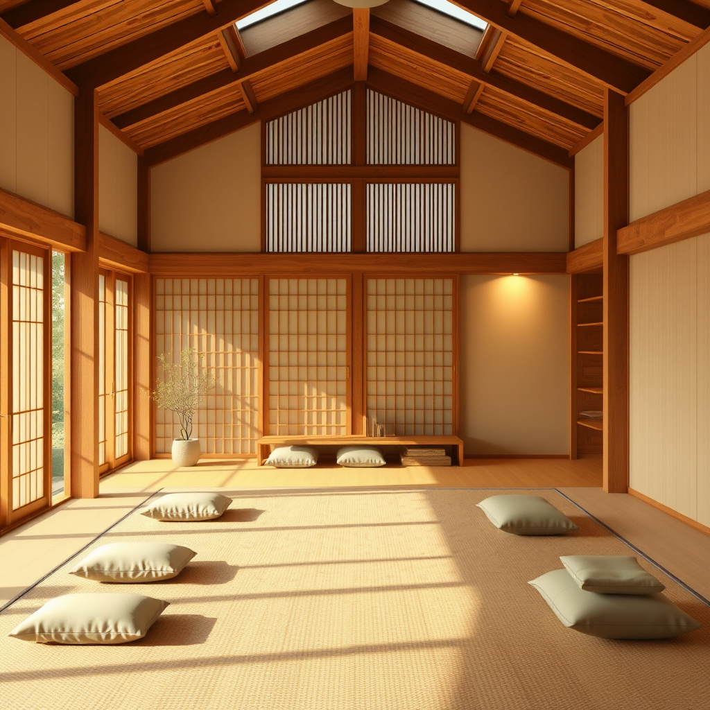 Serene yoga studio with Japanese minimalist design featuring natural wood elements, soft lighting, and meditation cushions