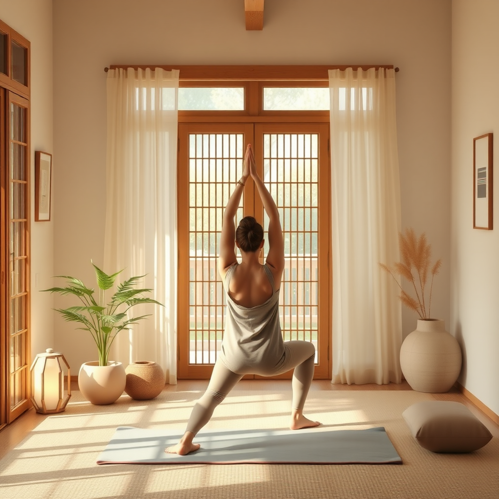 Serene home yoga practice with soft lighting and minimalist Japanese-inspired decor