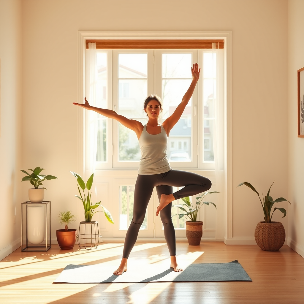 Serene morning yoga scene with a person performing energizing yoga poses in a bright, minimalist room with natural lighting, yoga mat, and plants creating a peaceful atmosphere for home practice