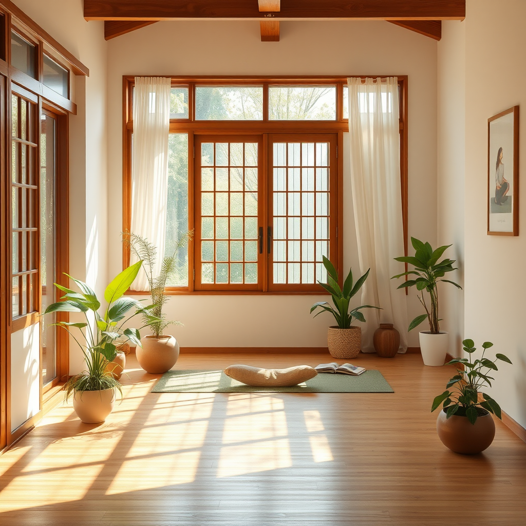 Peaceful home yoga space featuring natural lighting, wooden floors, green plants, and minimalist Japanese design elements creating a serene atmosphere for mindfulness practice