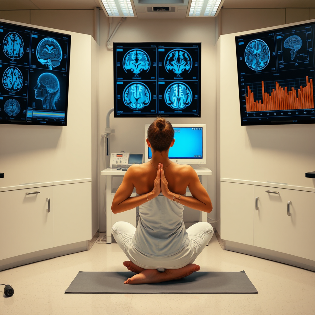 Scientific research laboratory showing yoga practitioner in meditation pose with brain scan images and cortisol level charts displayed on monitors