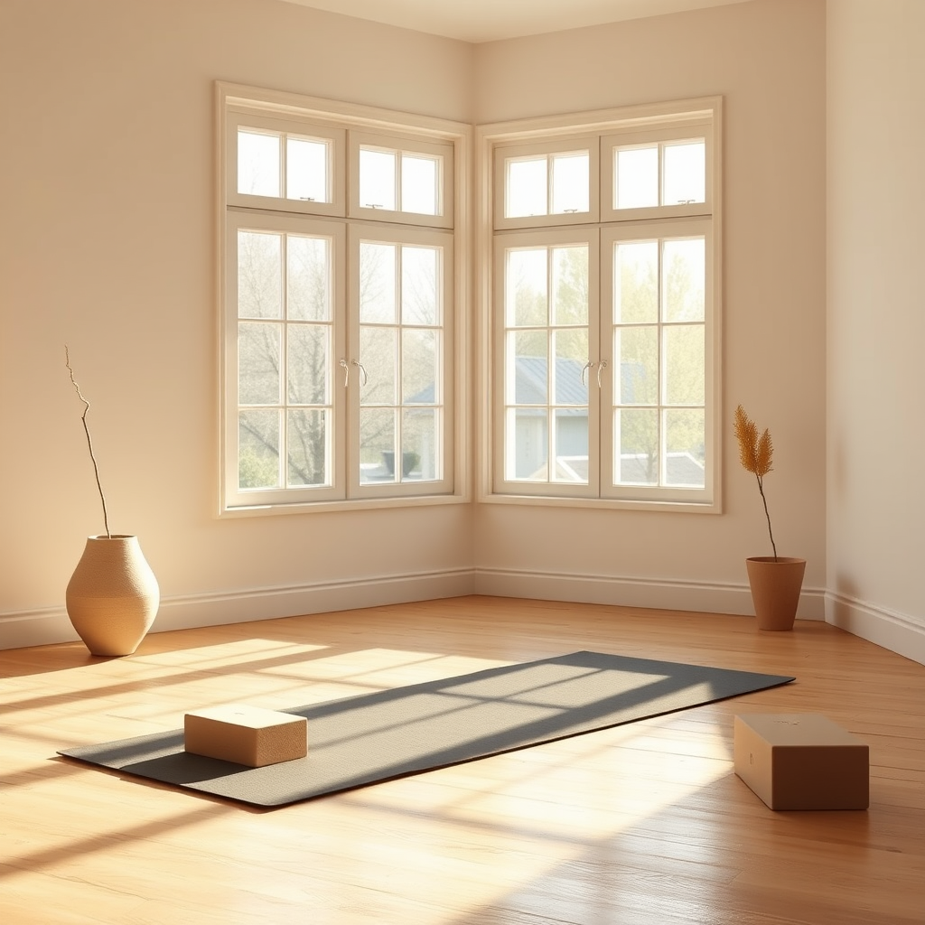 Serene home yoga practice space with yoga mat, blocks, and soft natural lighting streaming through windows in a minimalist room setup