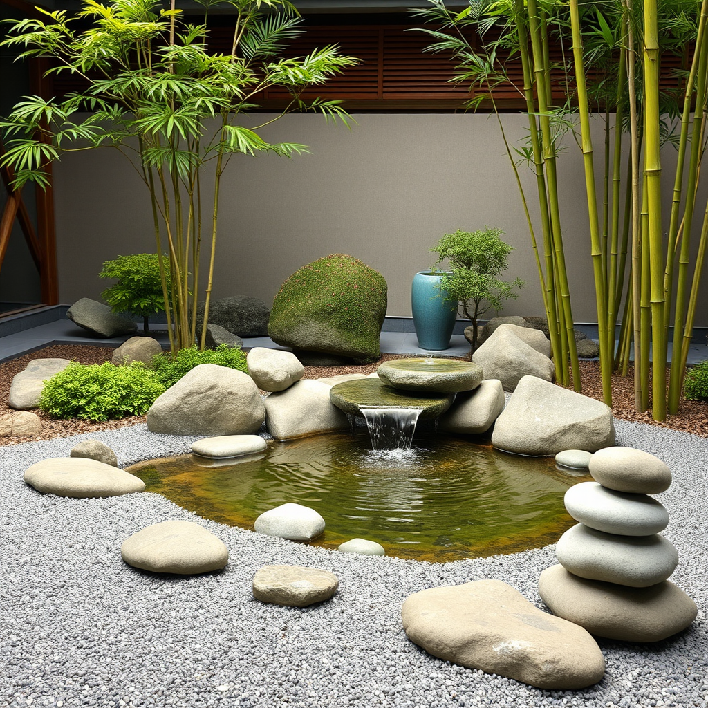 Serene Japanese zen garden with carefully arranged meditation stones, flowing bamboo water fountain, and minimalist design elements creating a peaceful atmosphere perfect for yoga and meditation practice