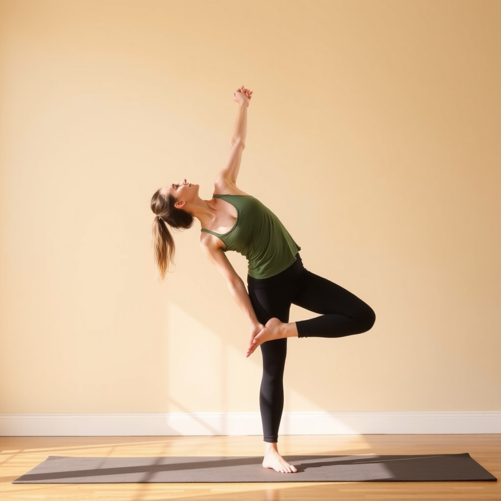 Person demonstrating improved flexibility and balance through consistent home yoga practice