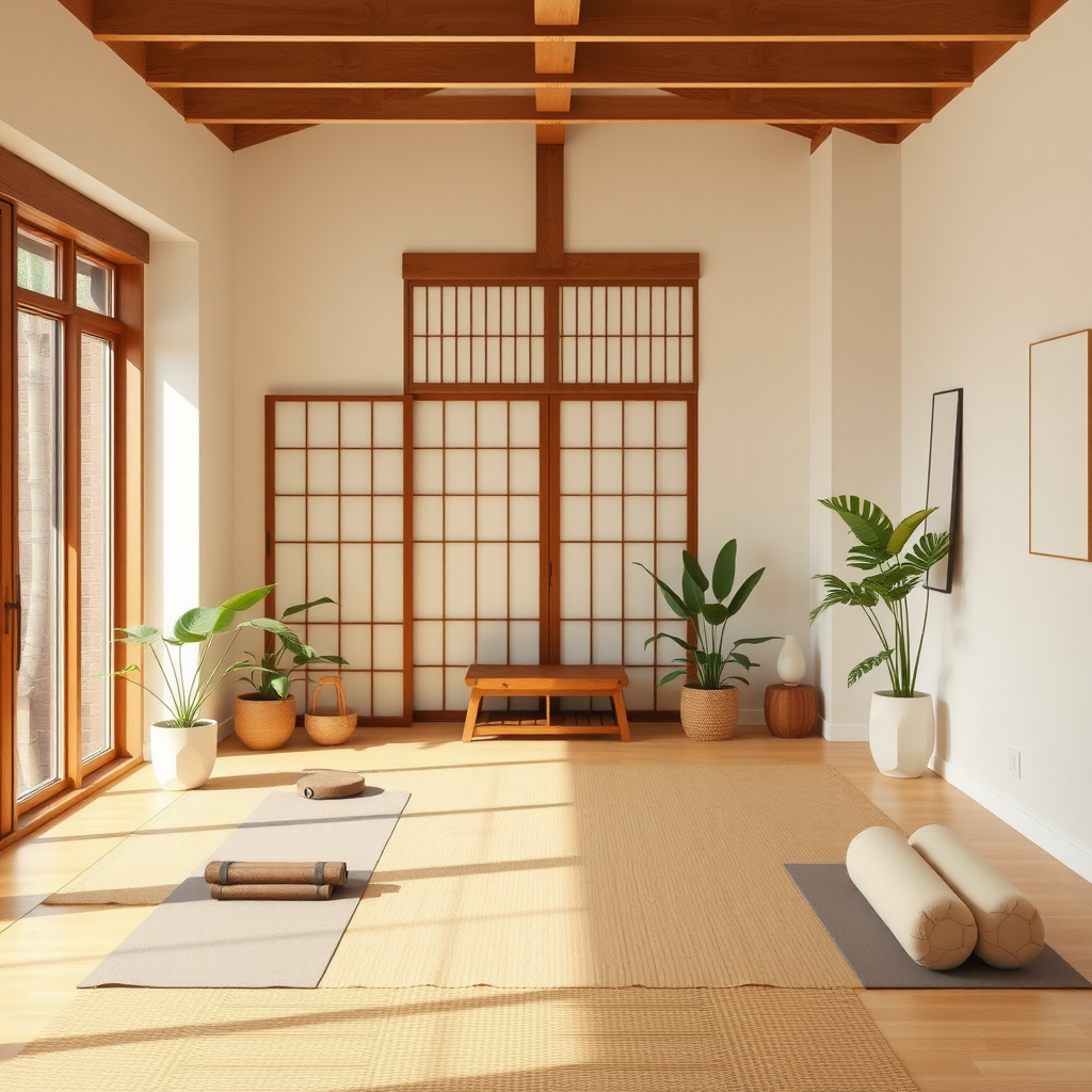 Beautiful minimalist home yoga space with Japanese-inspired design elements, clean lines, natural materials, soft lighting, yoga props neatly arranged, and plants creating a zen atmosphere