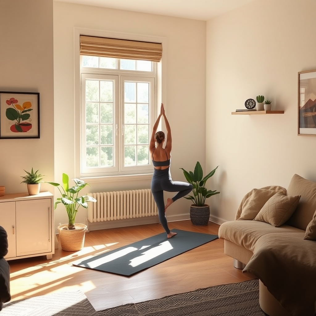 Corner of a living room transformed into a yoga practice area with natural light streaming through a window, showing how small spaces can be optimized for home yoga