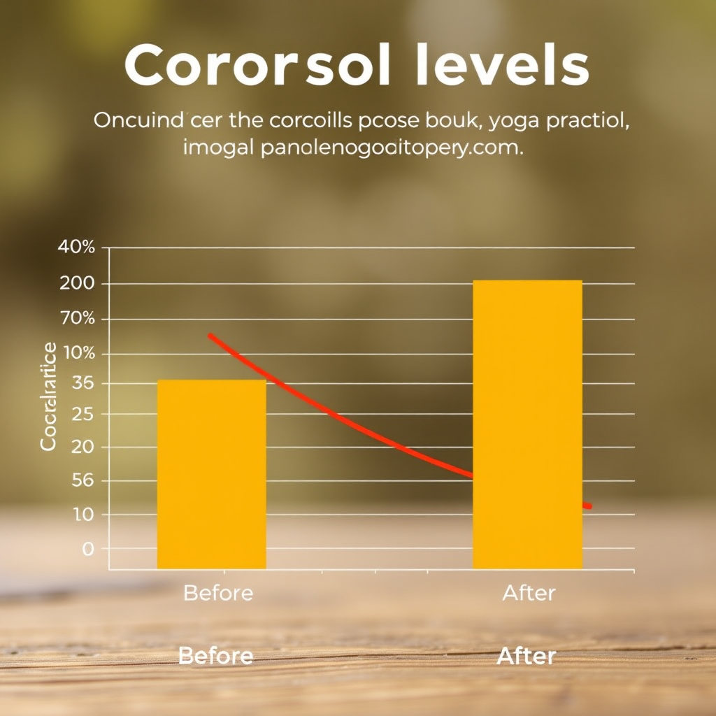 Scientific graph displaying declining cortisol levels over 12 weeks of yoga practice with clear before and after comparison data