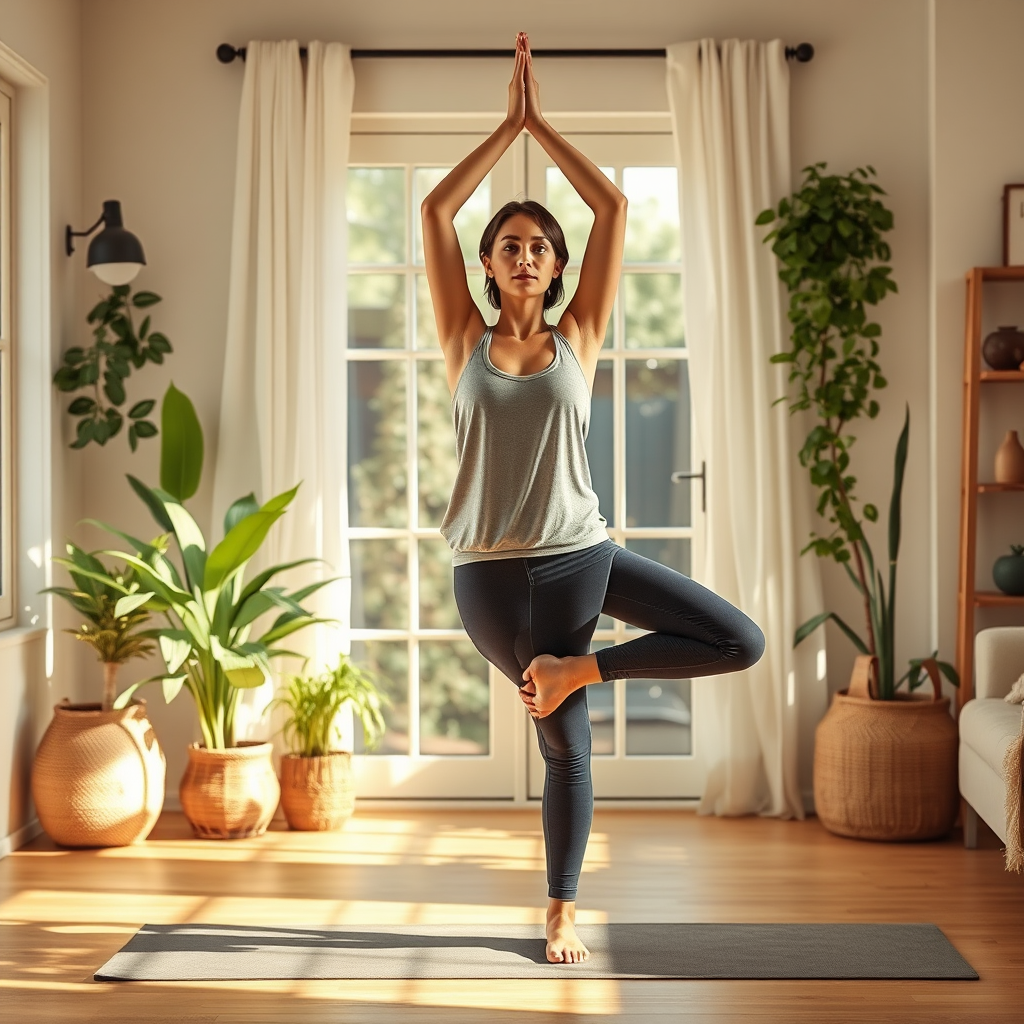 Beginner practitioner in mountain pose wearing comfortable clothes in a cozy home yoga space with plants and soft lighting