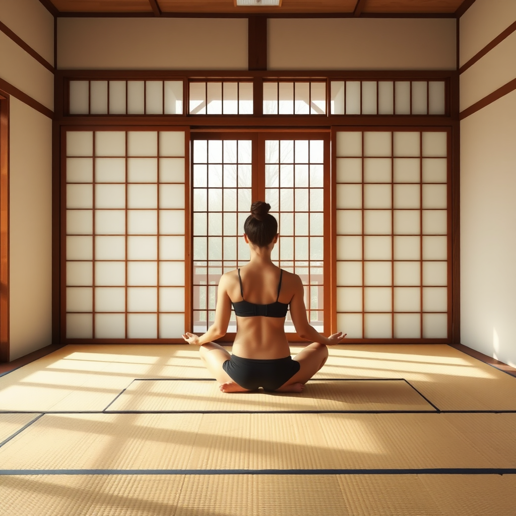 Person sitting in lotus pose meditation position in a minimalist Japanese-style room with traditional tatami mats, sliding doors, and natural lighting creating a serene atmosphere for home yoga practice