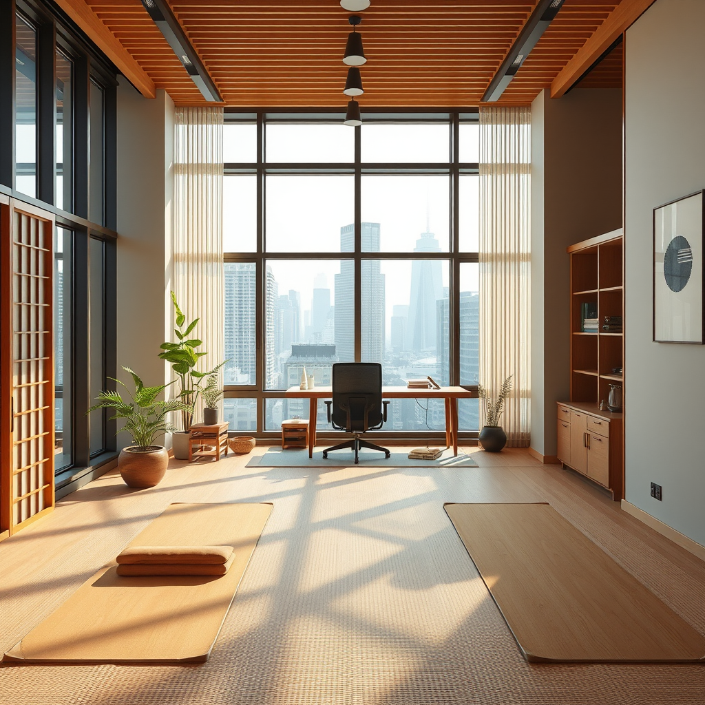 Modern office space in Tokyo featuring traditional Japanese design elements, yoga mats, and meditation corner with city skyline view