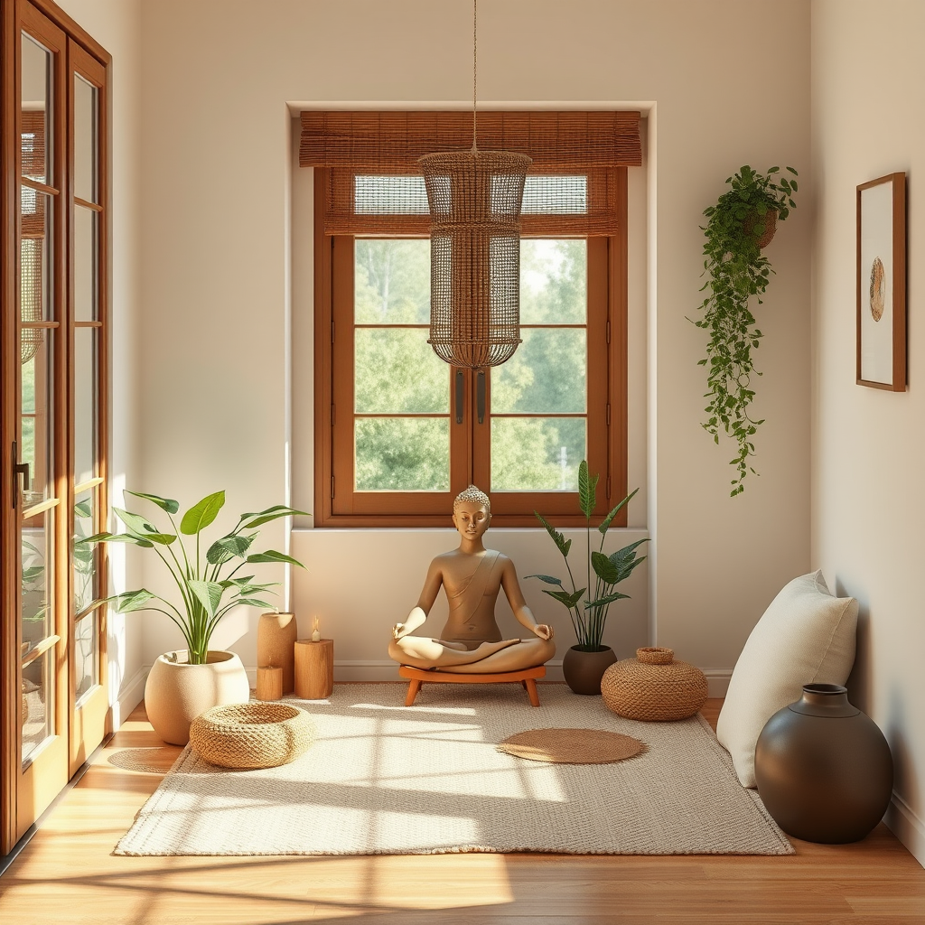 Peaceful meditation corner in a home setting with natural elements and calming atmosphere