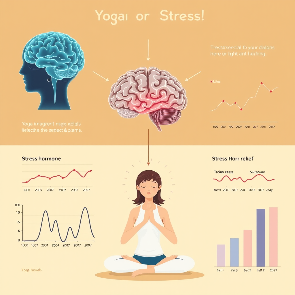 Scientific illustration showing the connection between yoga practice and stress relief, featuring brain imagery, stress hormone graphs, and a peaceful person meditating in a research-inspired visual design