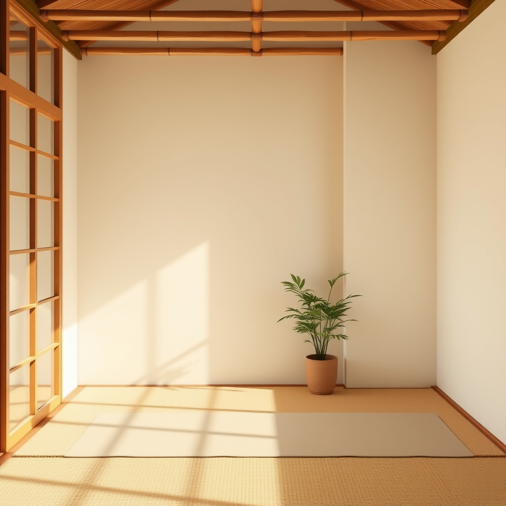 Japanese minimalist yoga space featuring bamboo elements, neutral earth tones, clean lines, and a single potted plant, embodying the principles of simplicity and tranquility