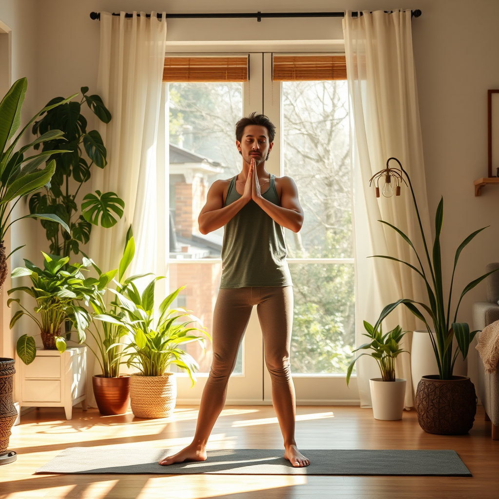 Person practicing deep breathing yoga poses in a serene home environment with plants and natural lighting creating a peaceful atmosphere