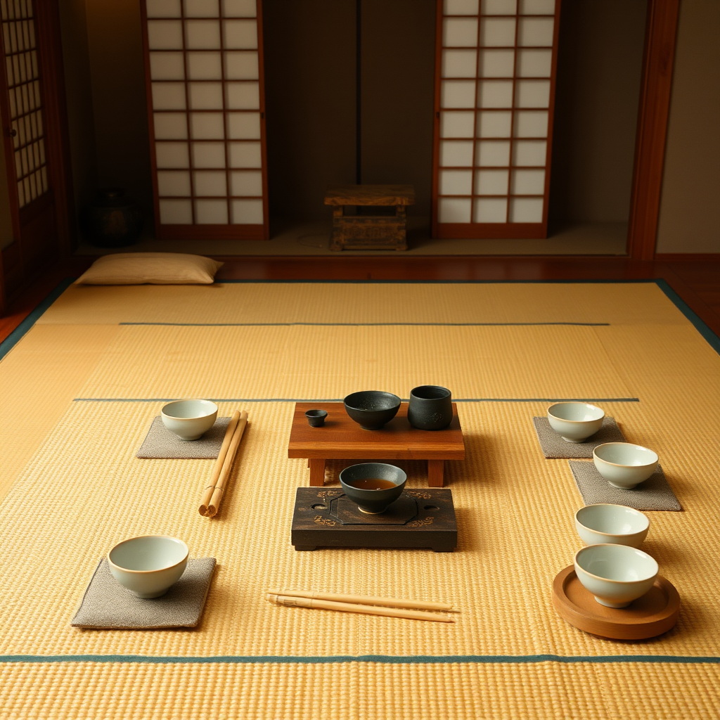 Traditional Japanese tea ceremony setup with meditation cushions, bamboo utensils, and ceramic tea bowls arranged on tatami mats, demonstrating mindful preparation and attention to detail