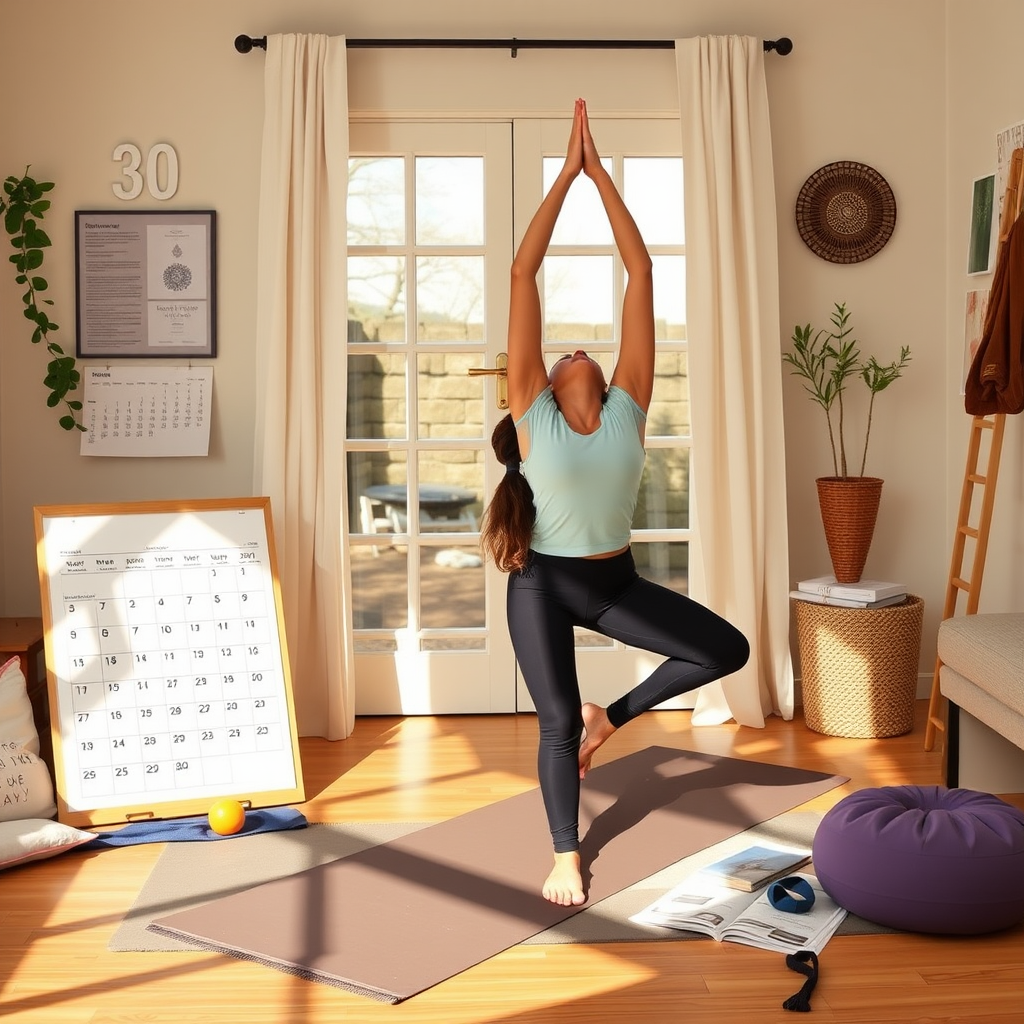 Encouraging scene of a yoga beginner practicing at home with a calendar showing 30 days, yoga props, instructional materials, and a supportive atmosphere perfect for starting a home yoga journey