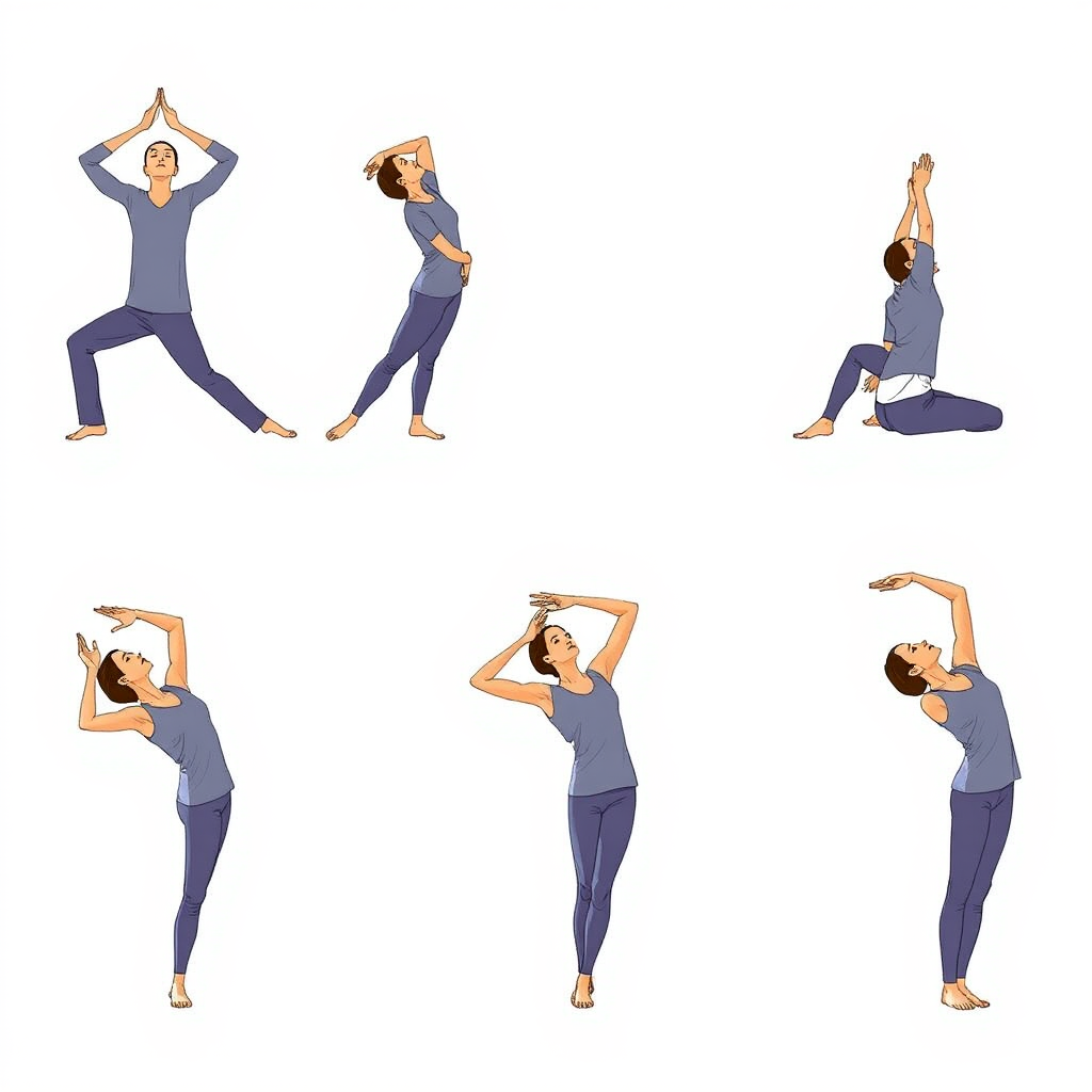 Sequence showing the flowing movement of sun salutation poses from mountain pose through forward fold to upward salute