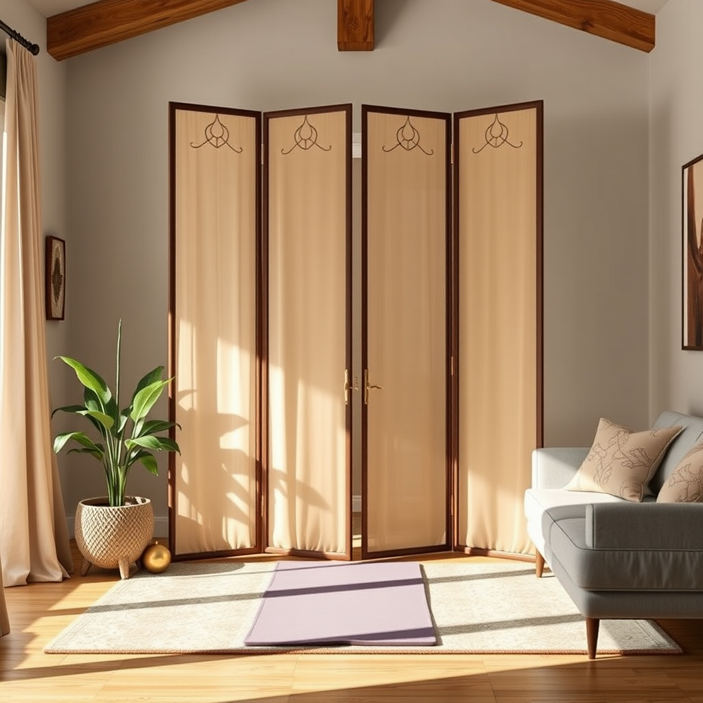 Elegant room divider screen creating a private yoga practice area within a shared living space, demonstrating how to establish boundaries for home yoga practice