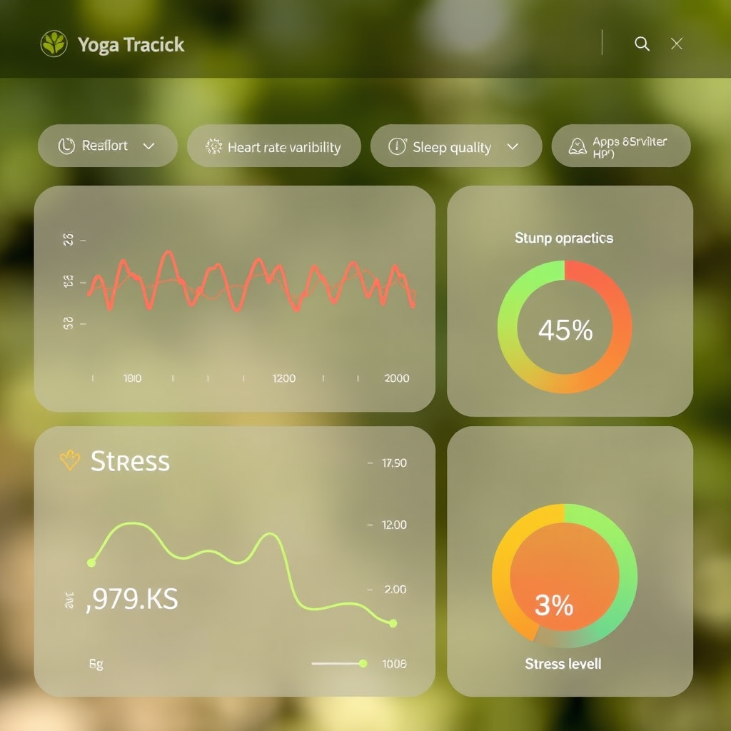 Digital wellness tracking dashboard displaying heart rate variability improvements, sleep quality metrics, and stress level reductions from yoga practice