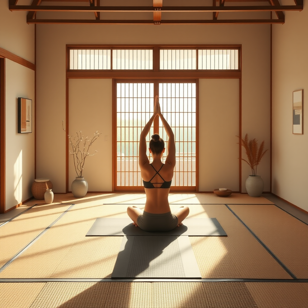 Serene morning yoga practice in a Japanese-inspired minimalist room with tatami mats, soft lighting, and zen elements creating a tranquil atmosphere