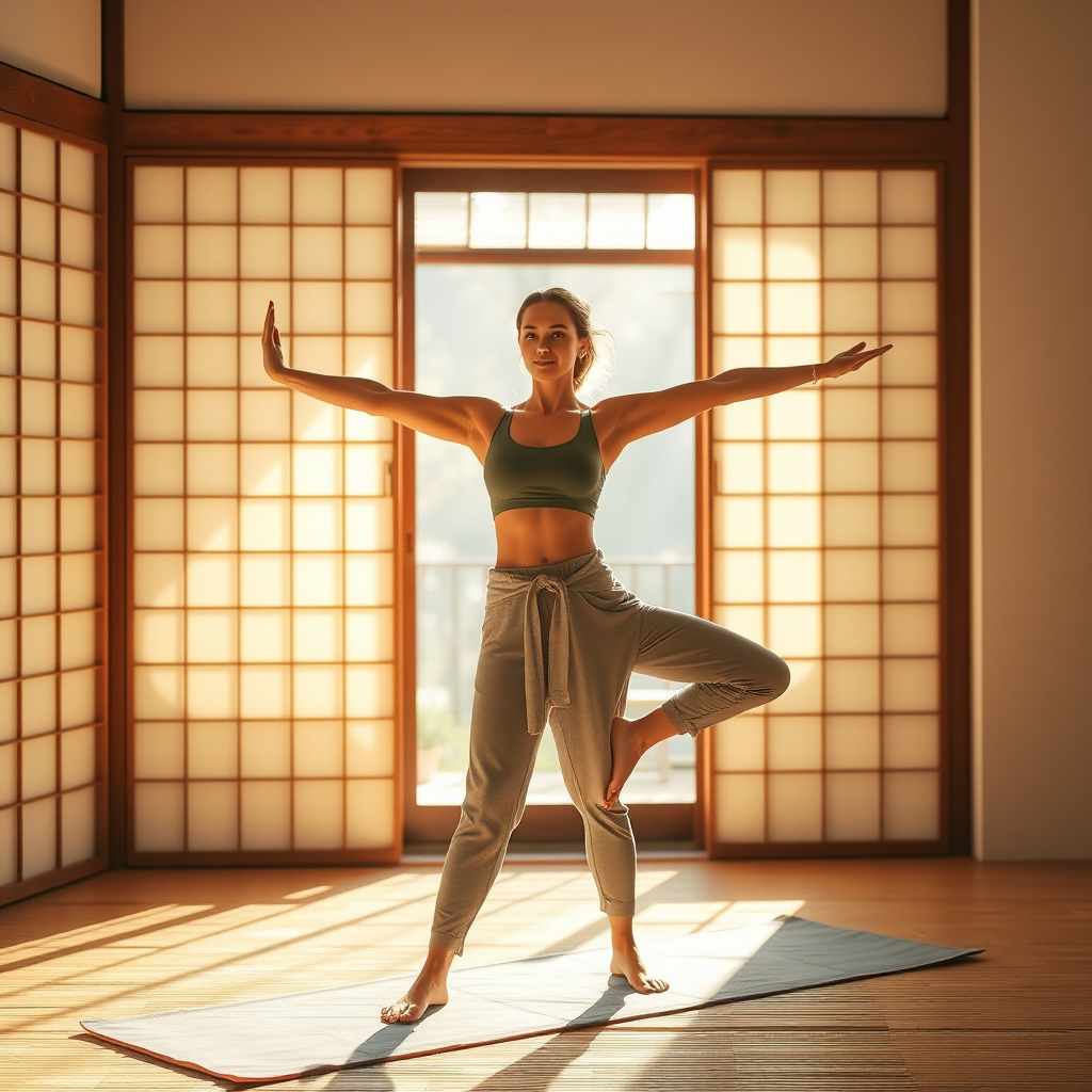 Serene morning scene with a woman in comfortable yoga attire performing energizing yoga poses on a bamboo mat in a minimalist Japanese-inspired room with soft natural lighting streaming through shoji screens