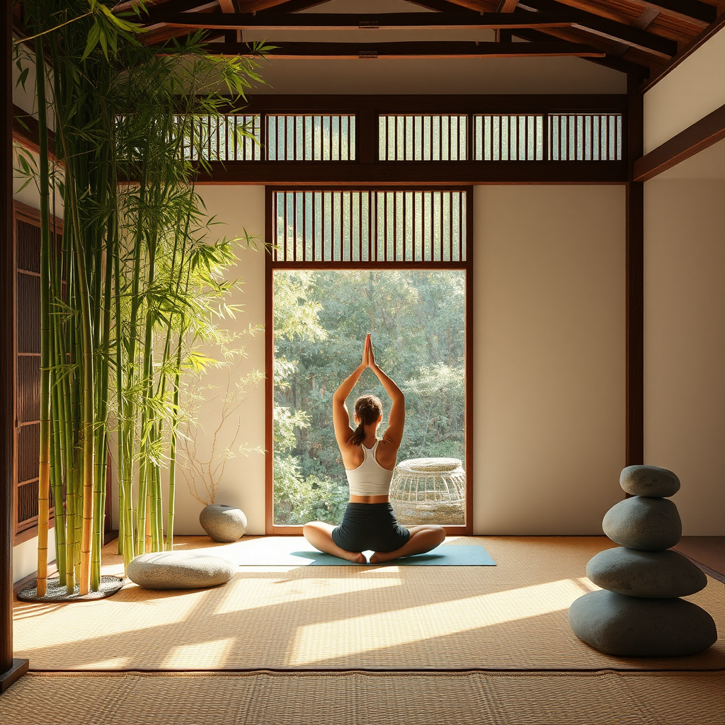 Tranquil Japanese-inspired yoga scene with traditional zen elements, bamboo, stones, minimalist design, and a person practicing yoga in a serene environment that embodies ancient wisdom and modern mindfulness