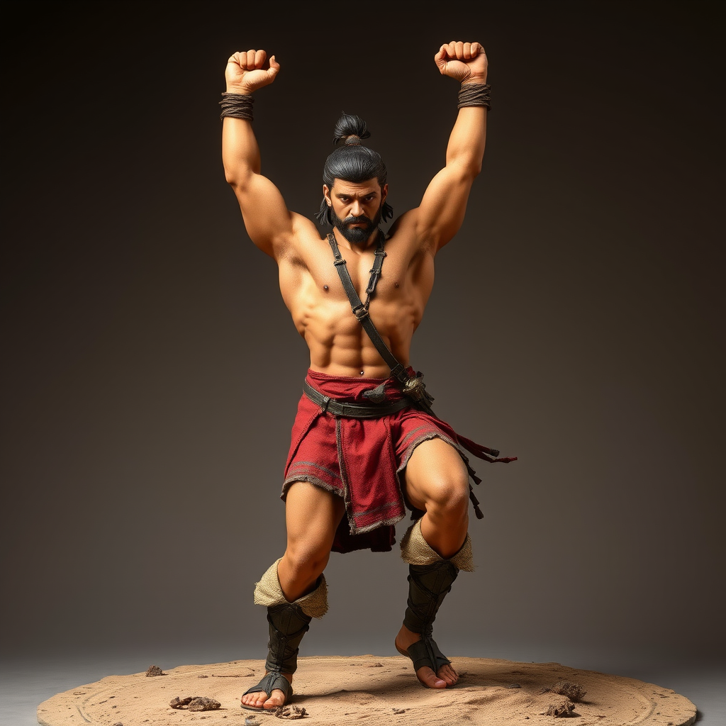 Strong warrior I pose with arms raised overhead, demonstrating power, stability and confident stance with front knee bent