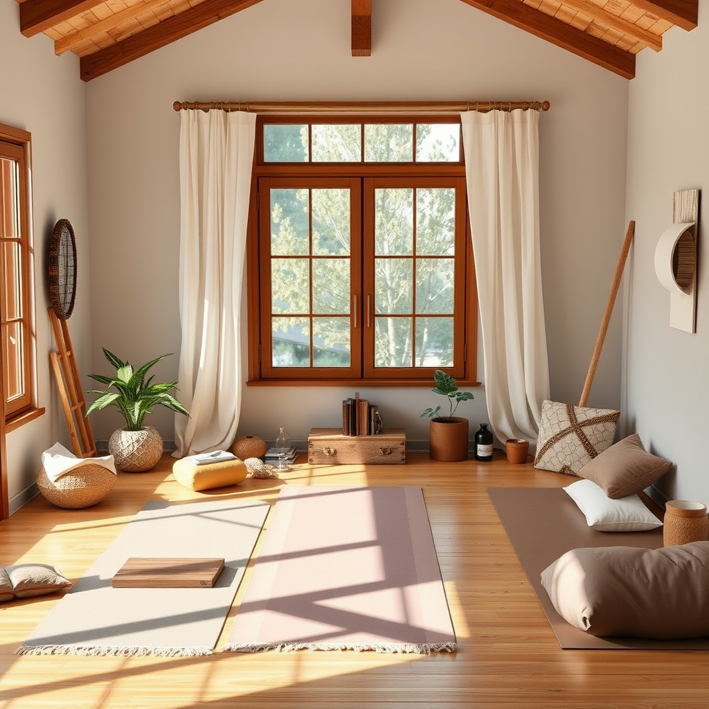 Flexible home yoga space showing various props and arrangements that can be adapted for different yoga styles, from energetic vinyasa to gentle restorative practice
