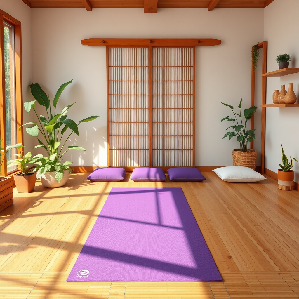 Peaceful home yoga space featuring a purple yoga mat on bamboo flooring, surrounded by plants, meditation cushions, and Japanese minimalist decor elements like wooden shelves and natural lighting