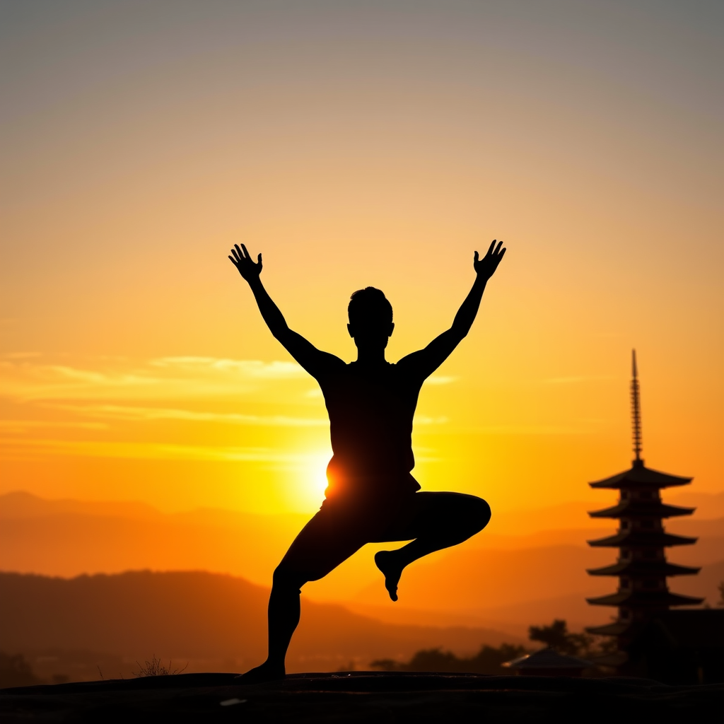 Silhouette of person in meditation pose against a serene Japanese mountain landscape at sunset, with traditional pagoda visible in distance, symbolizing the harmony between ancient wisdom and modern practice