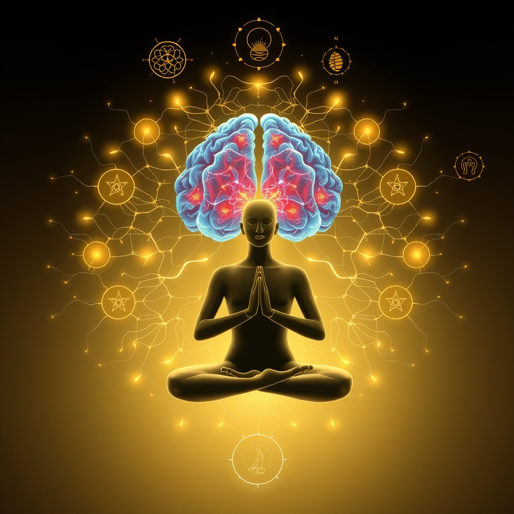 Scientific visualization showing brain activity and stress reduction through yoga practice, featuring a peaceful meditating figure surrounded by calming neural network patterns and wellness symbols